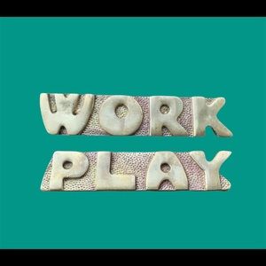Retro Brass Sign Work Play Gold Desk Plaque Office Paperweight